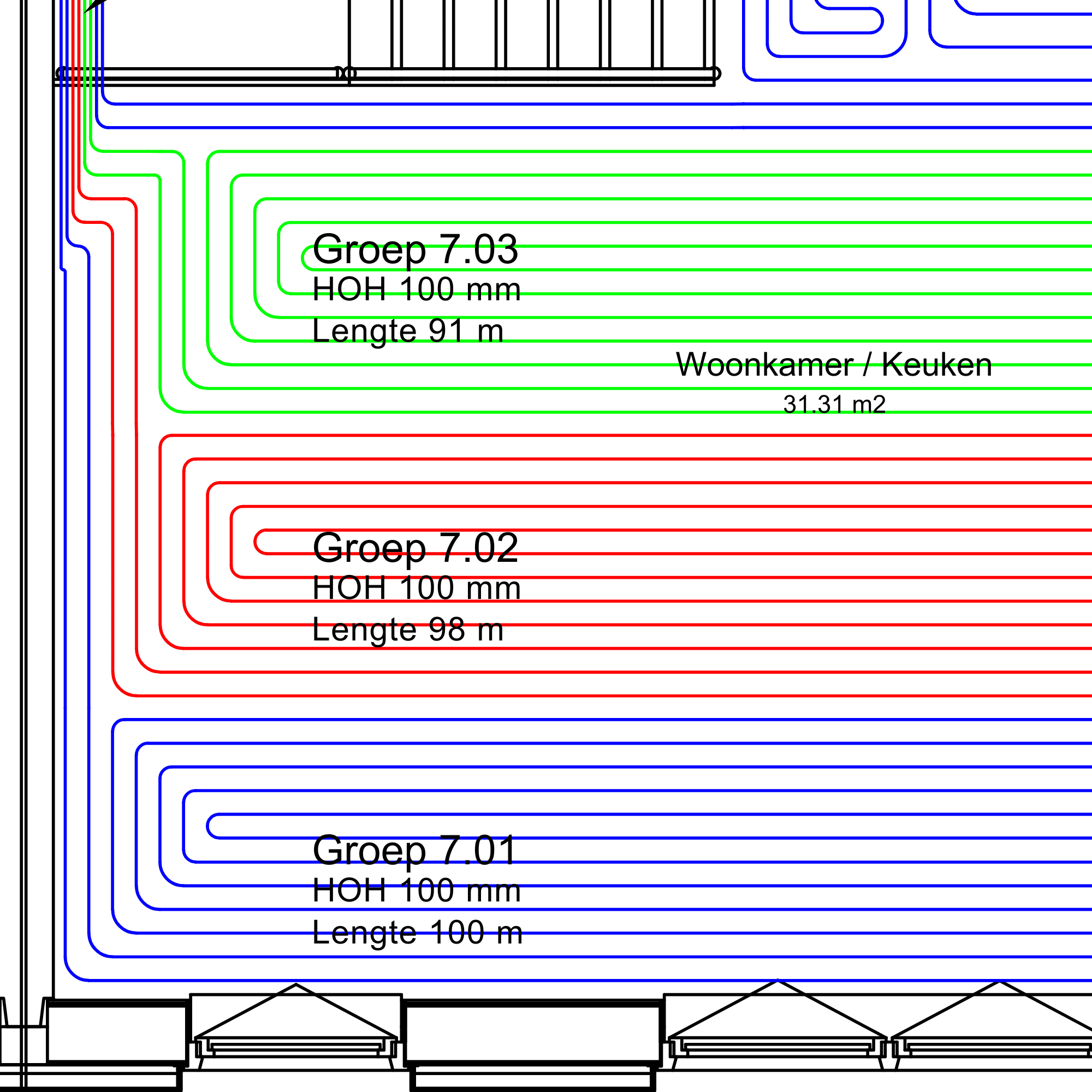 Pipe routing and laying pattern in an underfloor heating layout Pipe routing and laying pattern in an underfloor heating layout